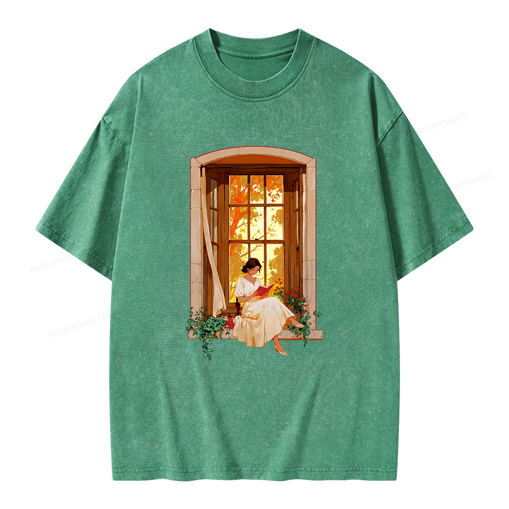 Pagewings Book Lovers Reading By The Window  Unisex Washed T-shirt