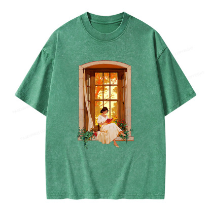 Pagewings Book Lovers Reading By The Window  Unisex Washed T-shirt