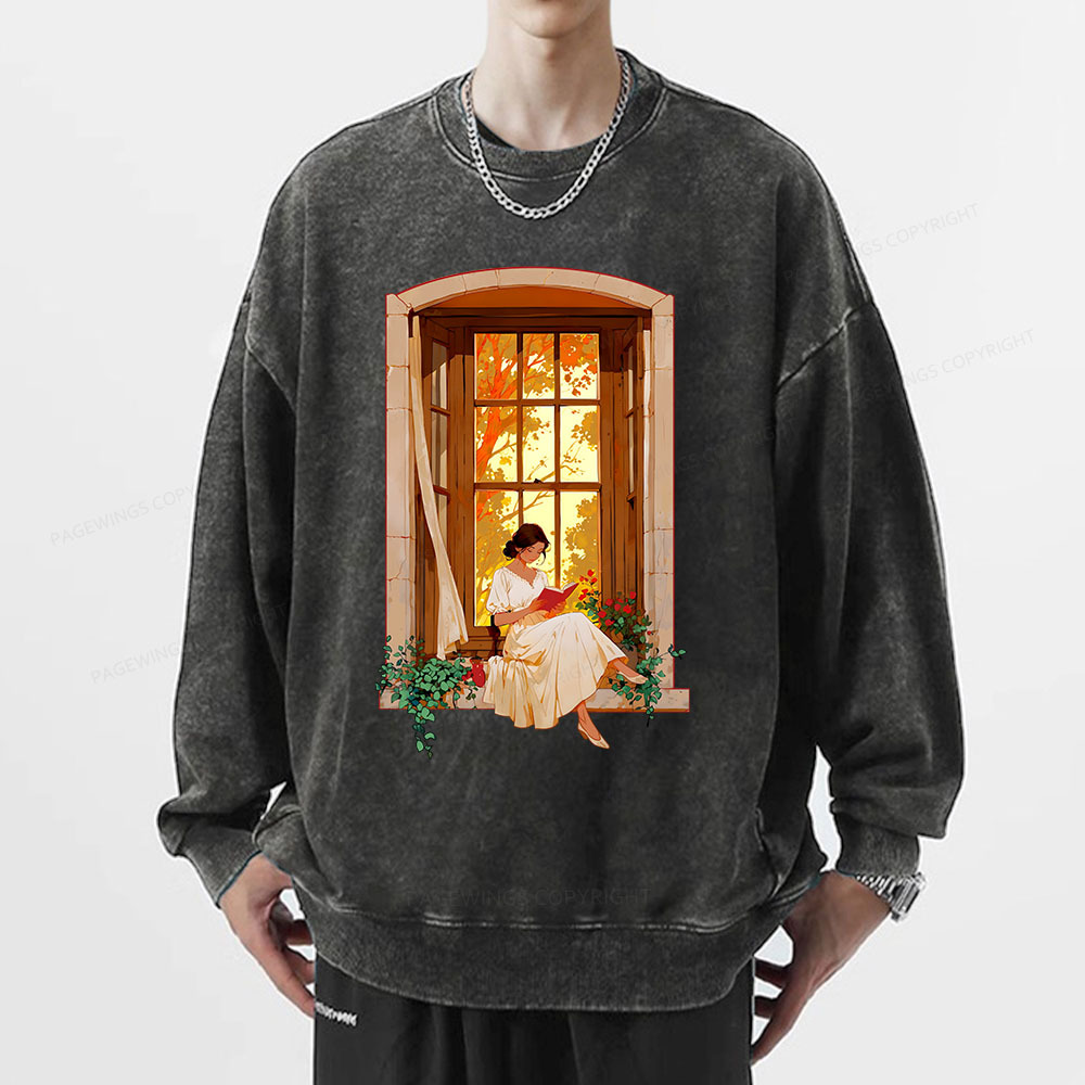 Pagewings Book Lovers Reading By The Window Unisex Washed Sweatshirt