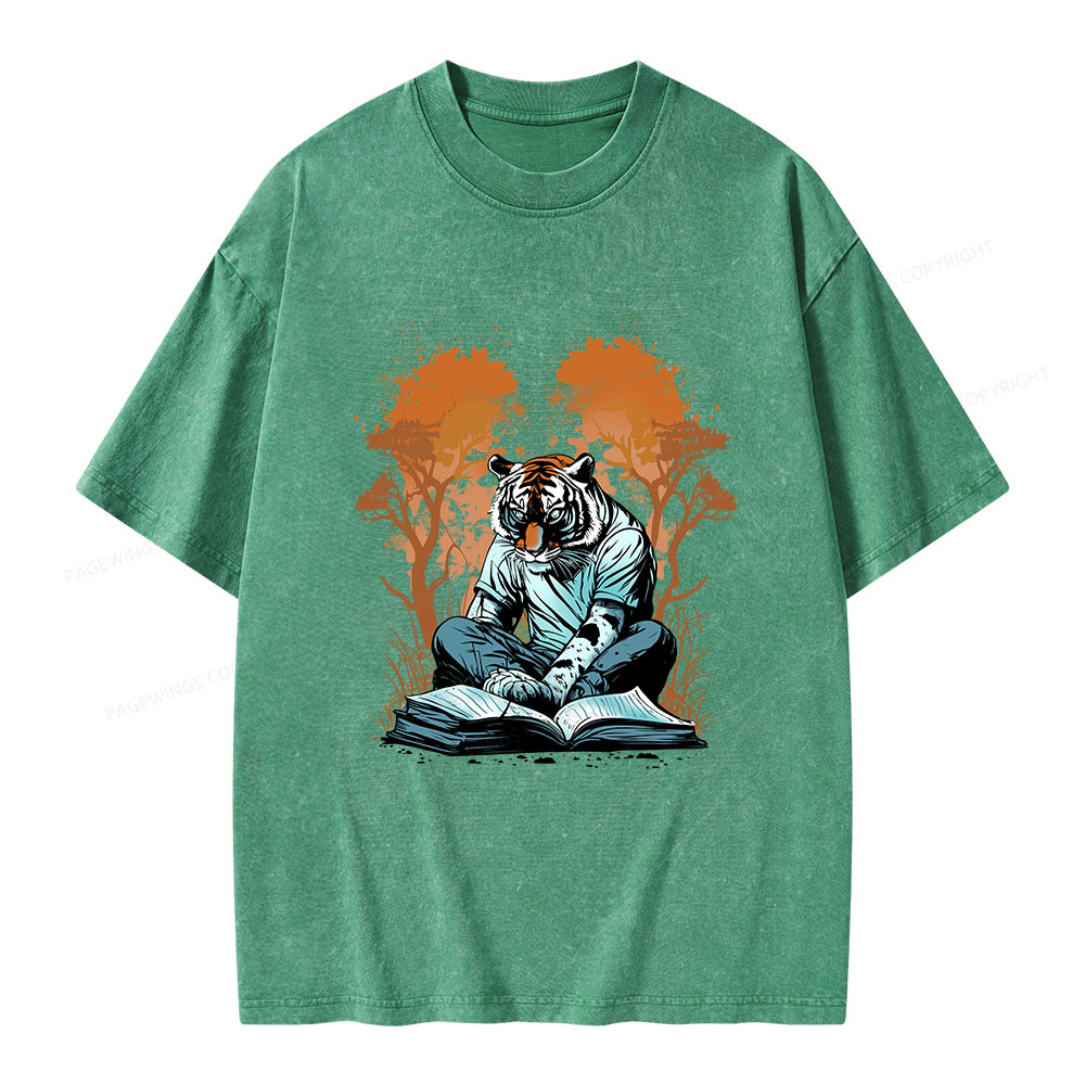 Pagewings Tiger Reading A Book Unisex Washed T-shirt