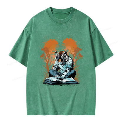Pagewings Tiger Reading A Book Unisex Washed T-shirt