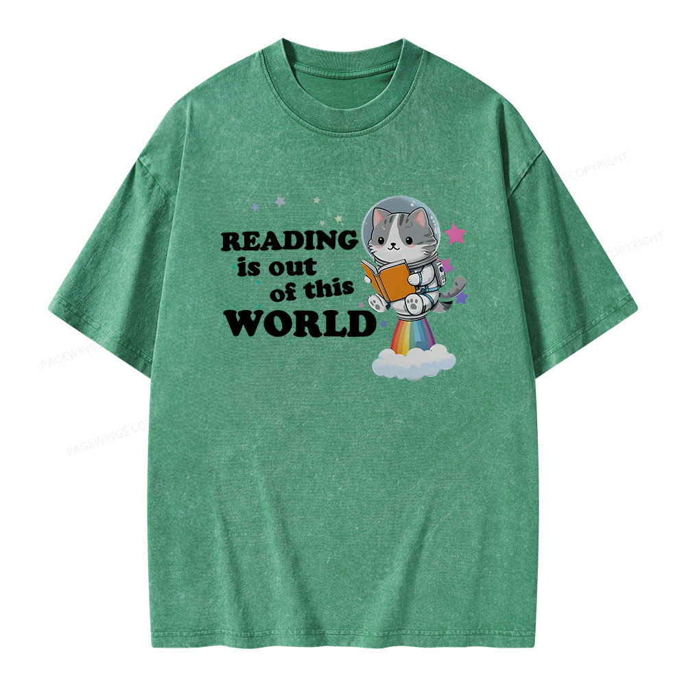 Pagewings Cat Reading in Space Unisex Washed T-shirt