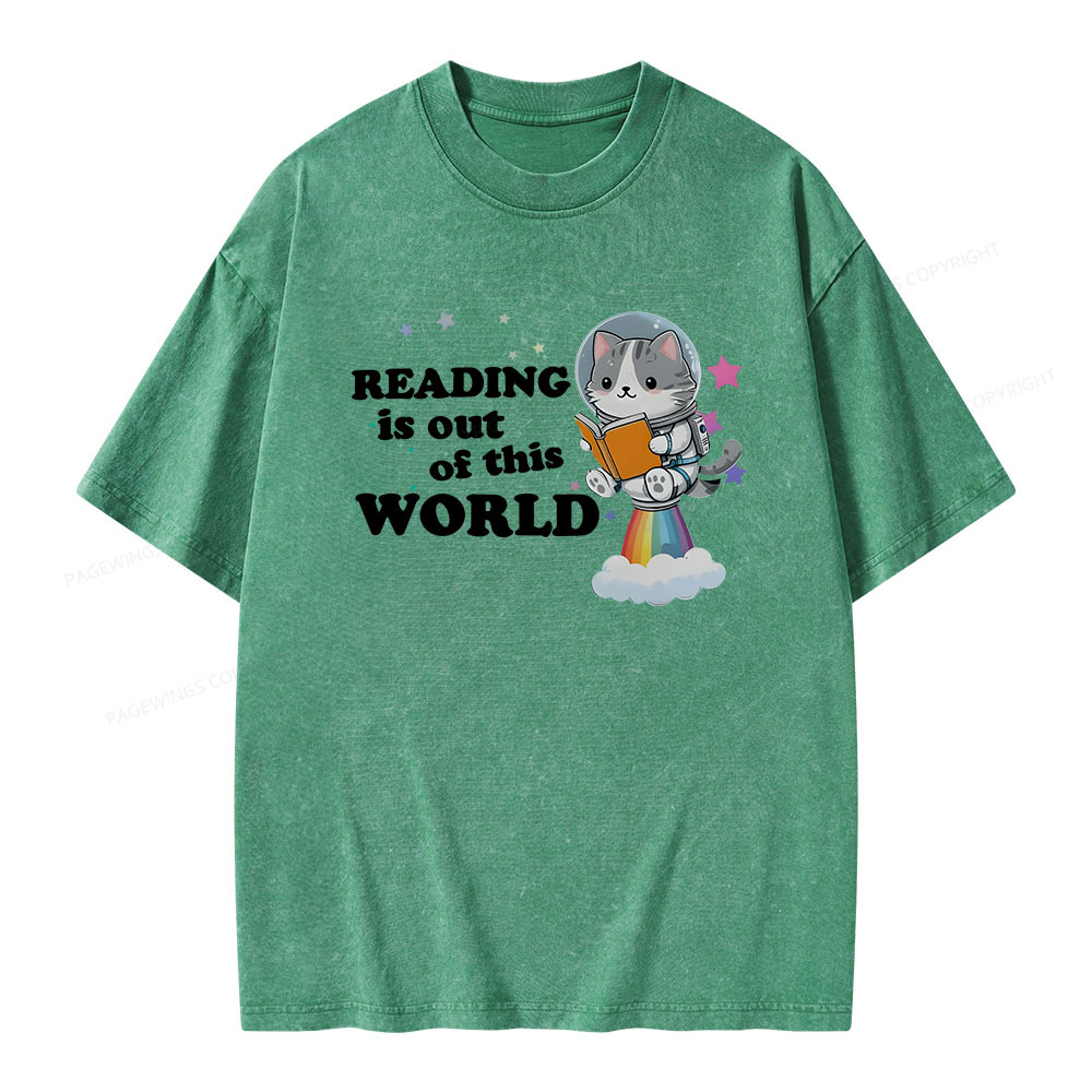 Pagewings Cat Reading in Space Unisex Washed T-shirt