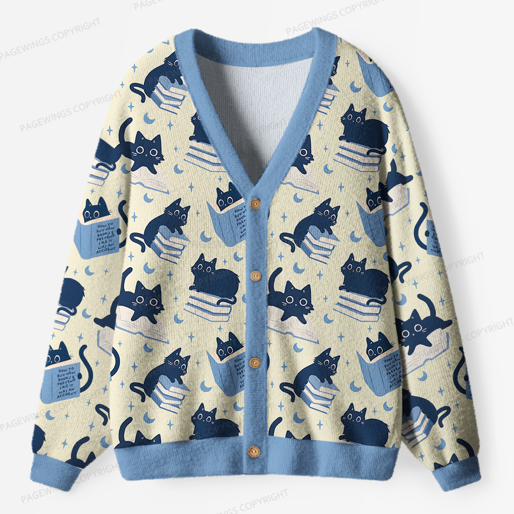 希少 90s Michigan rag cat cardigan 猫 総柄 L Pagewings Just A Cat Who Loves Reading Books Light Knit Unisex