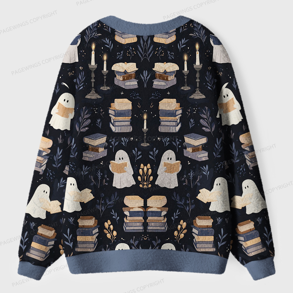 Pagewings Ghost Reading  Unisex Ugly Cardigan Sweaters