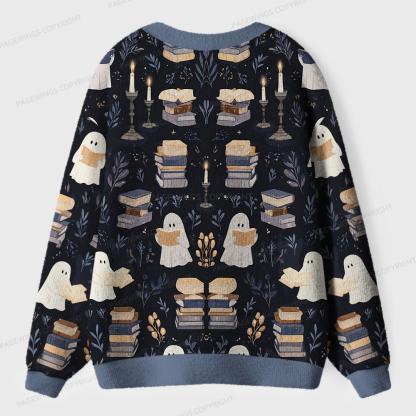 Pagewings Ghost Reading  Unisex Ugly Cardigan Sweaters
