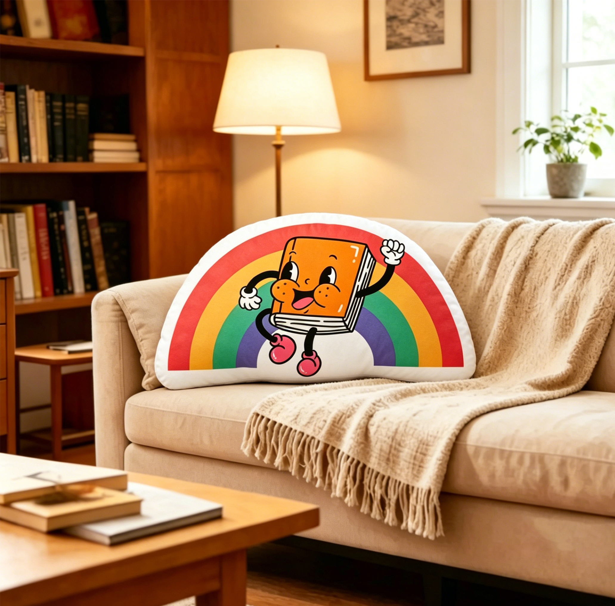 Pagewings Reading With Rainbow Shaped Throw Pillow