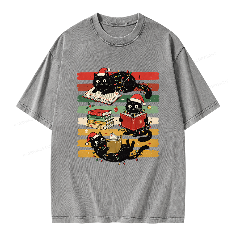 Pagewings Bookish Cat Christmas Unisex Washed T-shirt