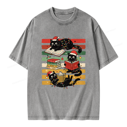 Pagewings Bookish Cat Christmas Unisex Washed T-shirt