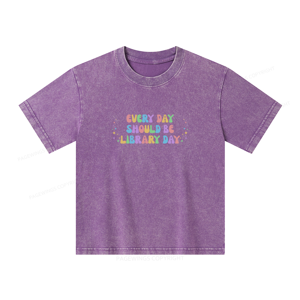 Pagewings Every Day Should Be Library Day Unisex Kids Washed T-shirt