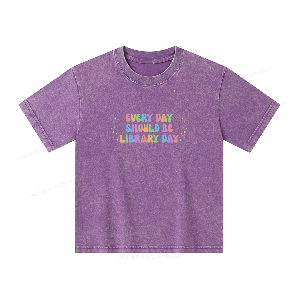 Pagewings Every Day Should Be Library Day Unisex Kids Washed T-shirt