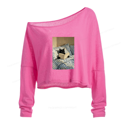 Pagewings Black Cat Reading in Bed Slouchy Long Sleeve Off Shoulder T-shirt