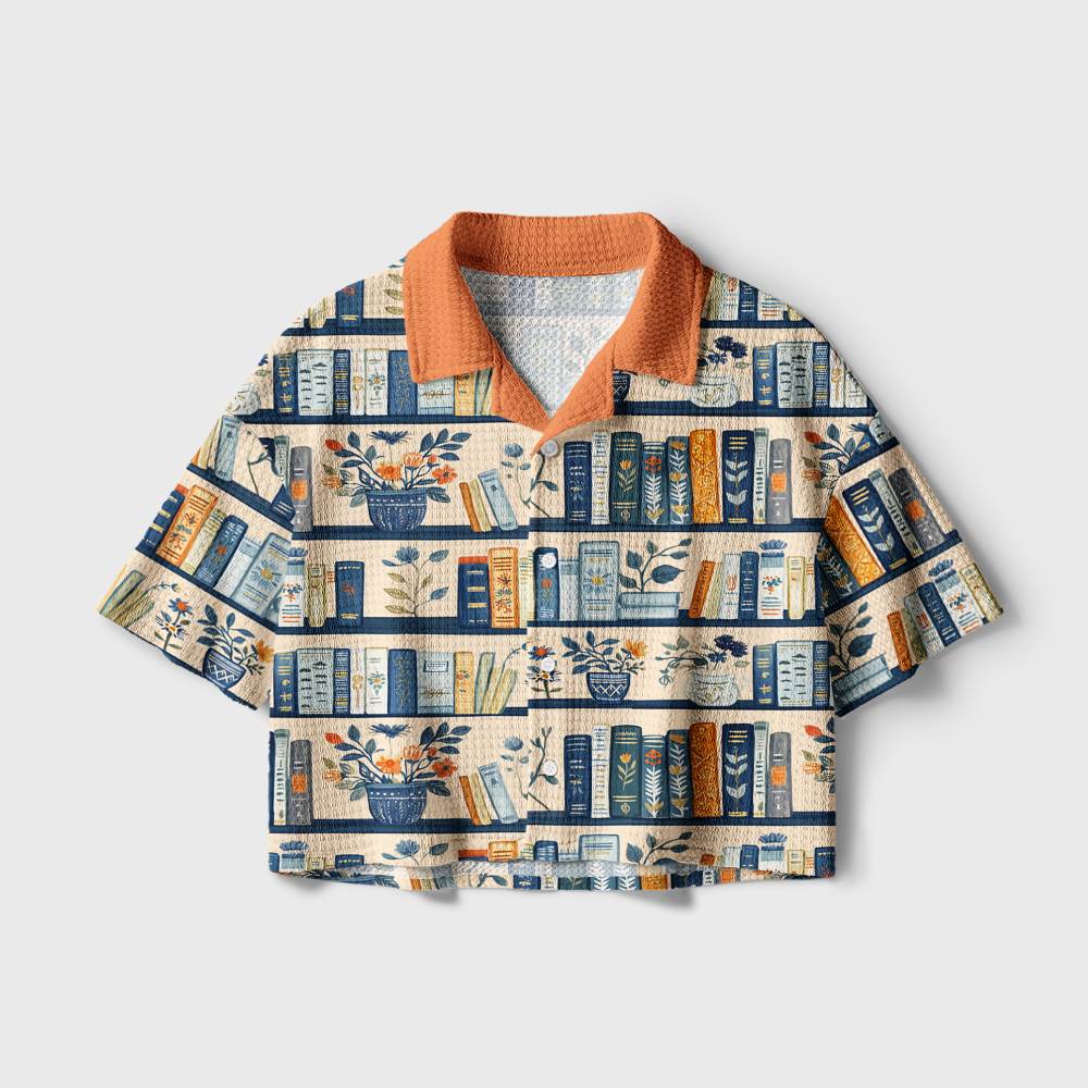 Pagewings Book Shelf Camp Collar Boxy Fit Unisex Crochet Shirt
