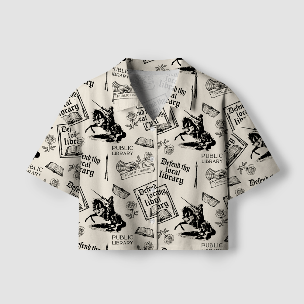 Pagewings Defend the Local Library Women's Camp Shirt