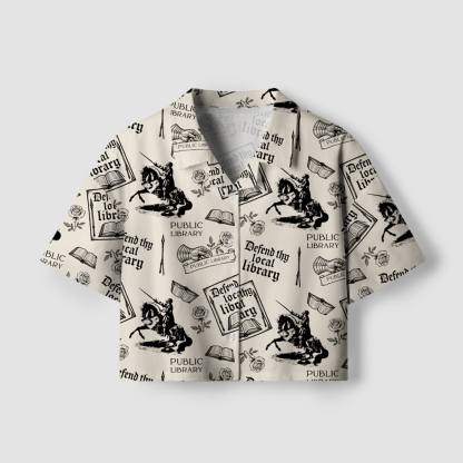 Pagewings Defend the Local Library Women's Camp Shirt