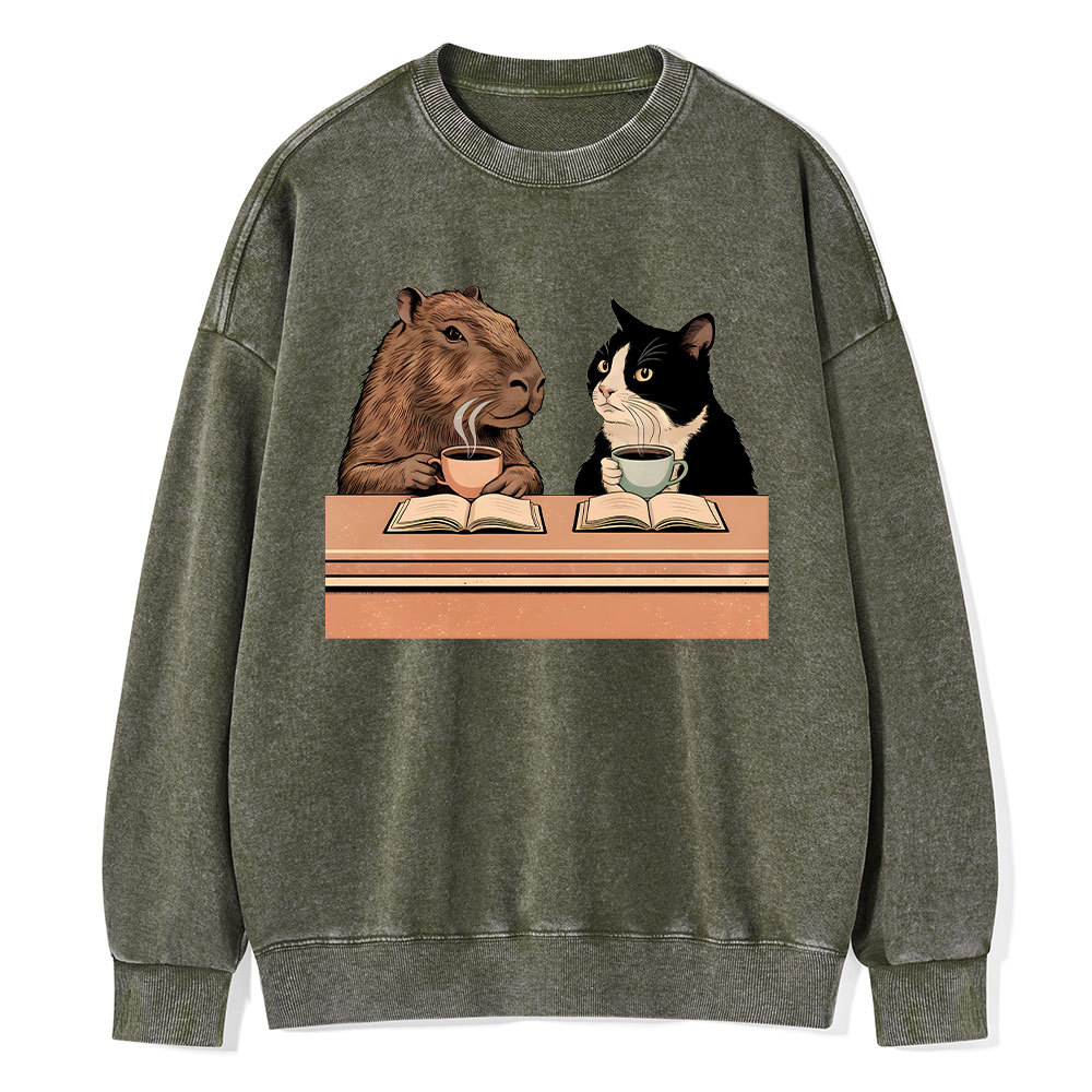 Pagewings Capybara and Tuxedo Cat Chilling with Coffee Unisex Washed Sweatshirt