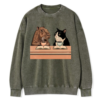 Pagewings Capybara and Tuxedo Cat Chilling with Coffee Unisex Washed Sweatshirt