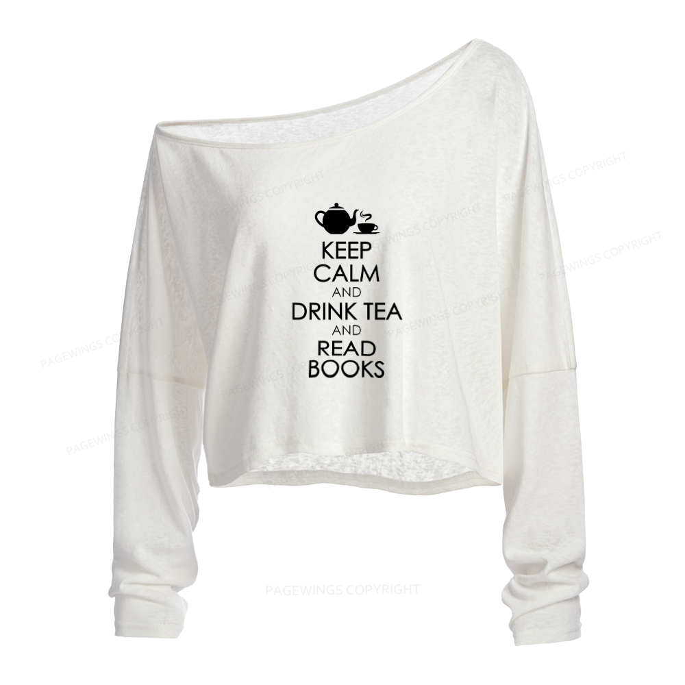 Pagewings Drink Tea Read Books Slouchy Long Sleeve Off Shoulder T-shirt