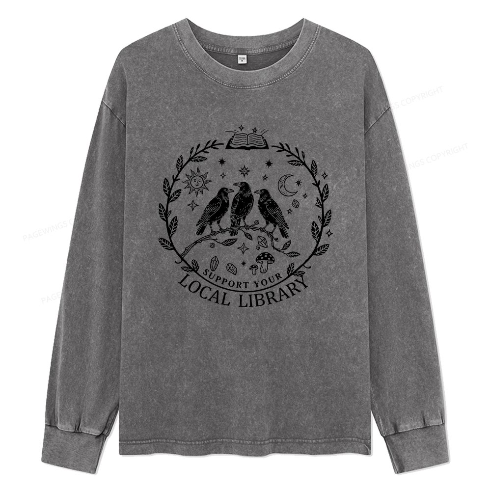 Pagewings Support Your Local Library Unisex Washed Long Sleeve T-shirt