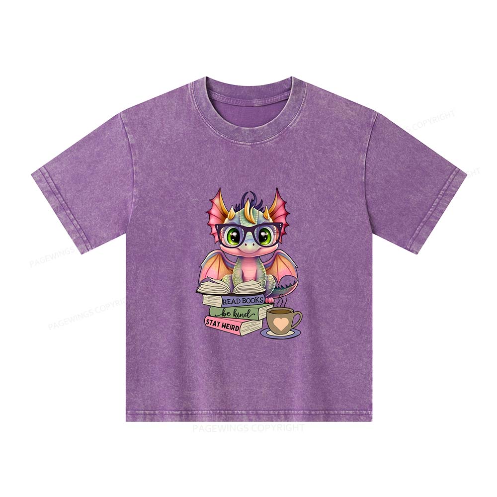 Pagewings Cute Dragon Reading Unisex Kids Washed T-shirt