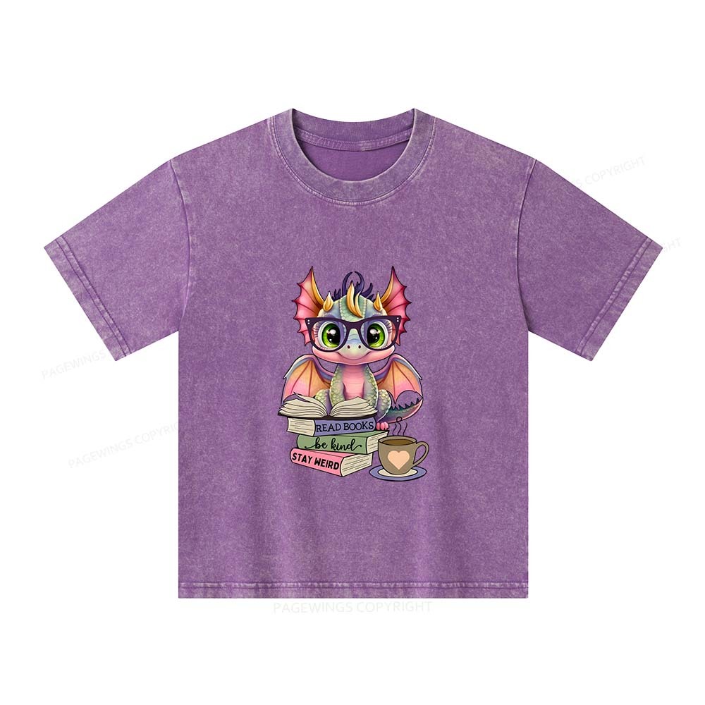 Pagewings Cute Dragon Reading Unisex Kids Washed T-shirt