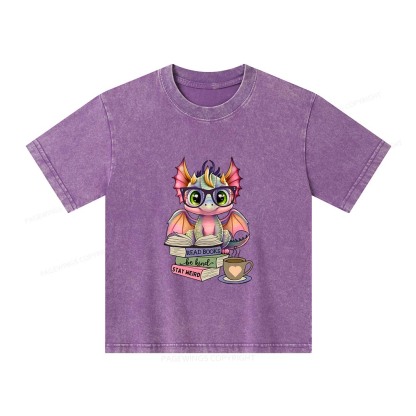 Pagewings Cute Dragon Reading Unisex Kids Washed T-shirt