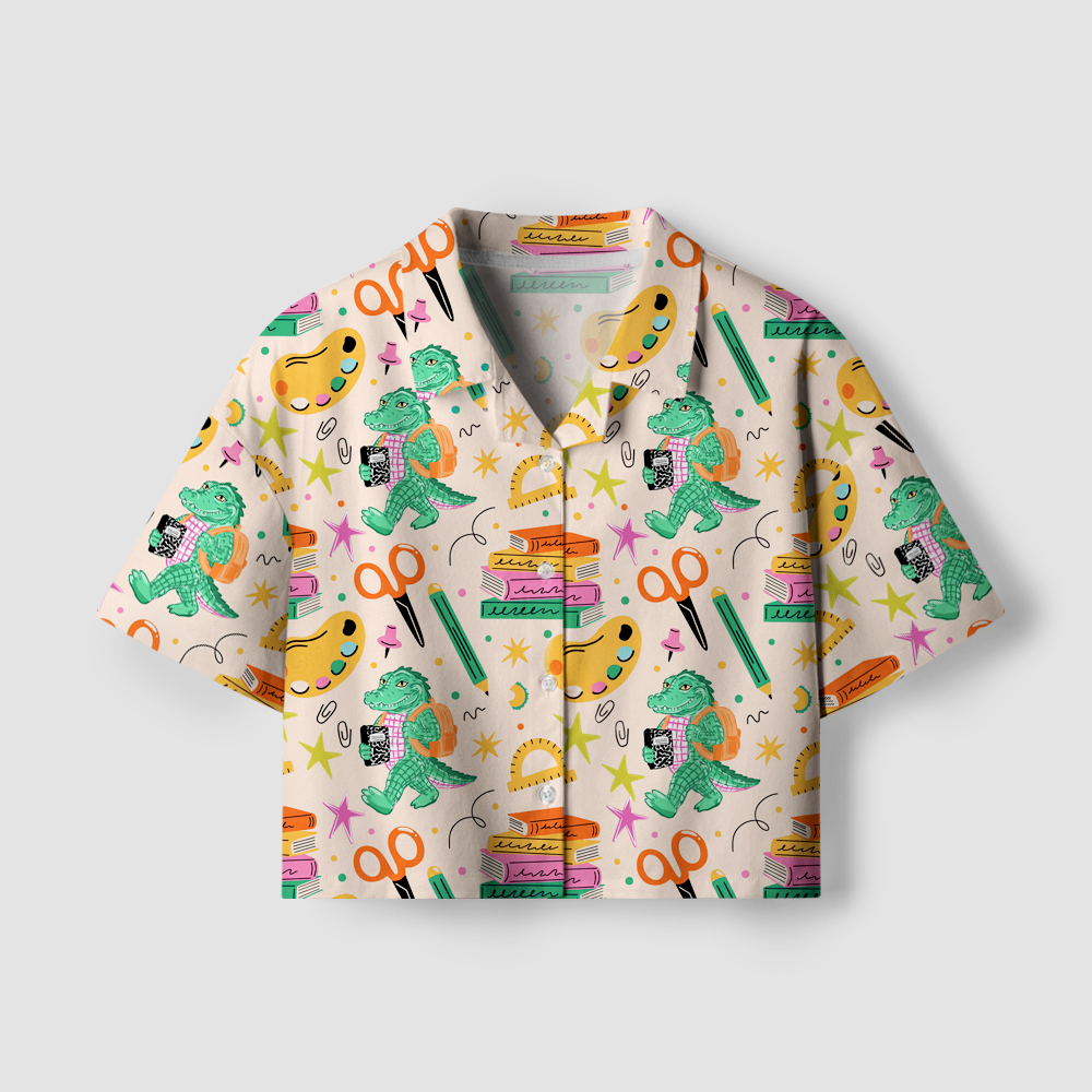 Pagewings Funny Gator Back To School Camp Collar Women's Camp Shirt