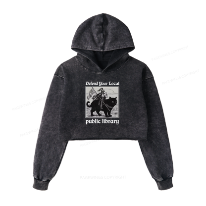 Pagewings Defend Your Local public library Washed Crop Hoodie