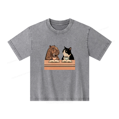 Pagewings Capybara and Tuxedo Cat Chilling with Coffee Unisex Kids Washed T-shirt