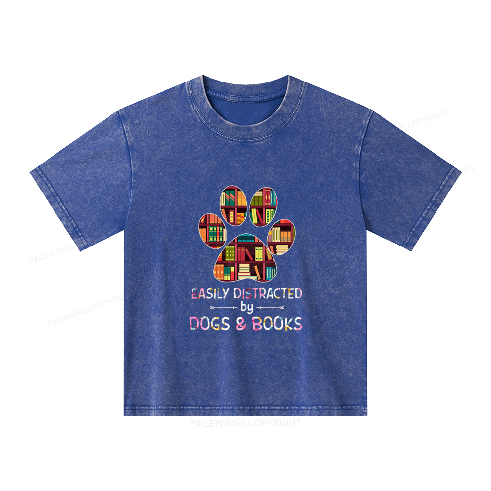 Pagewings Easily Distracted By Dogs And Books Unisex Kids Washed T-shirt