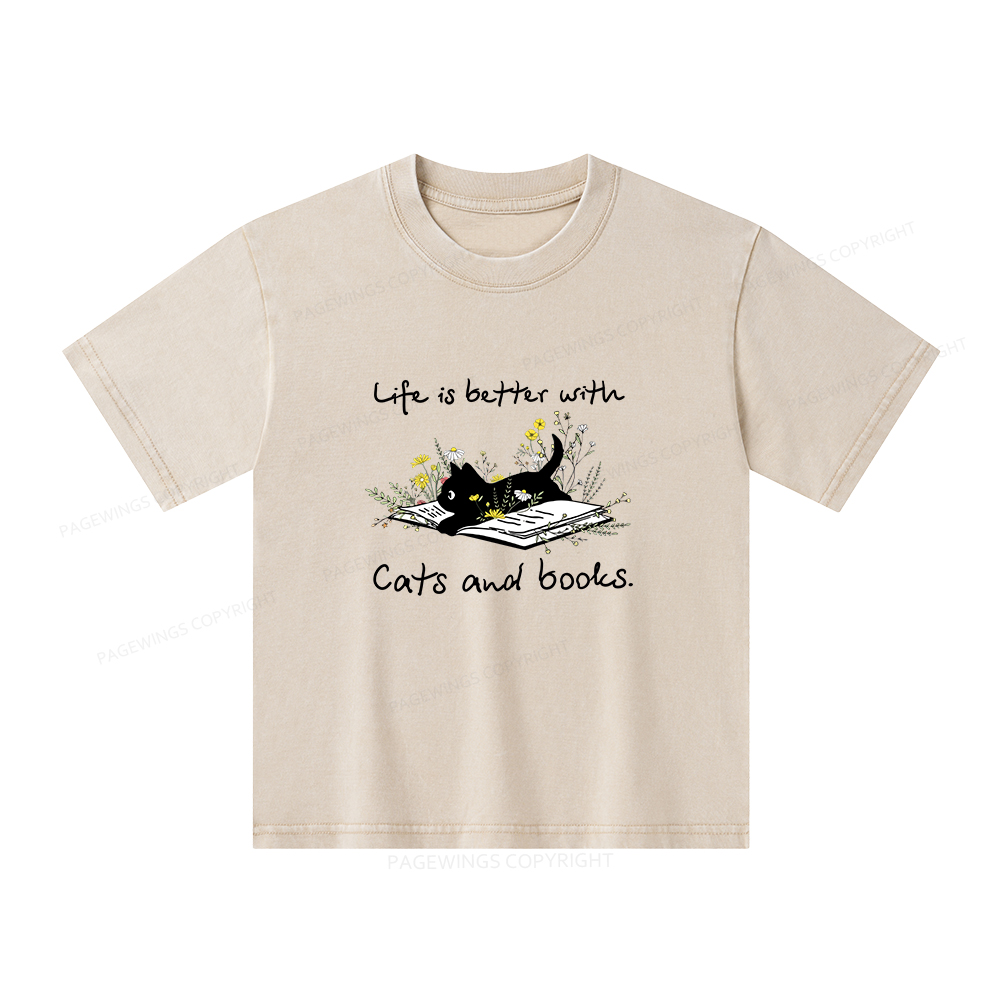 Pagewings Life Is Better With Cats And Books Unisex Kids Washed T-shirt