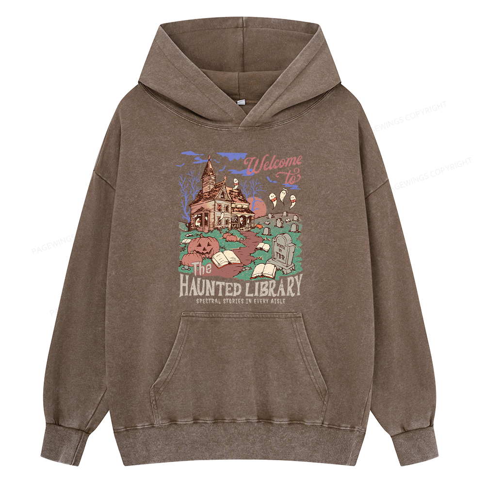 Pagewings Welcome To The Haunted Library Unisex Washed Hoodie