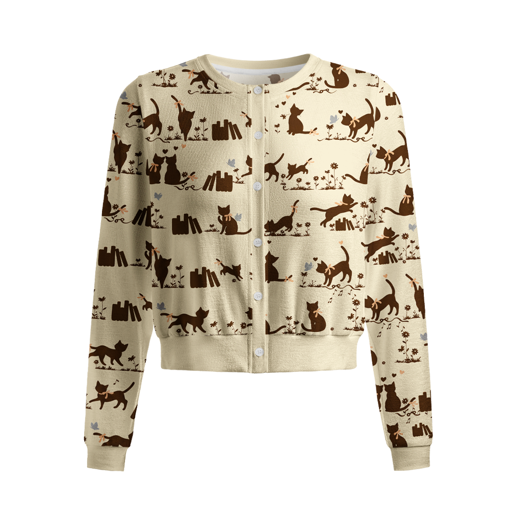Pagewings Cat Book Lover Crew Neck Cardigan Sweaters