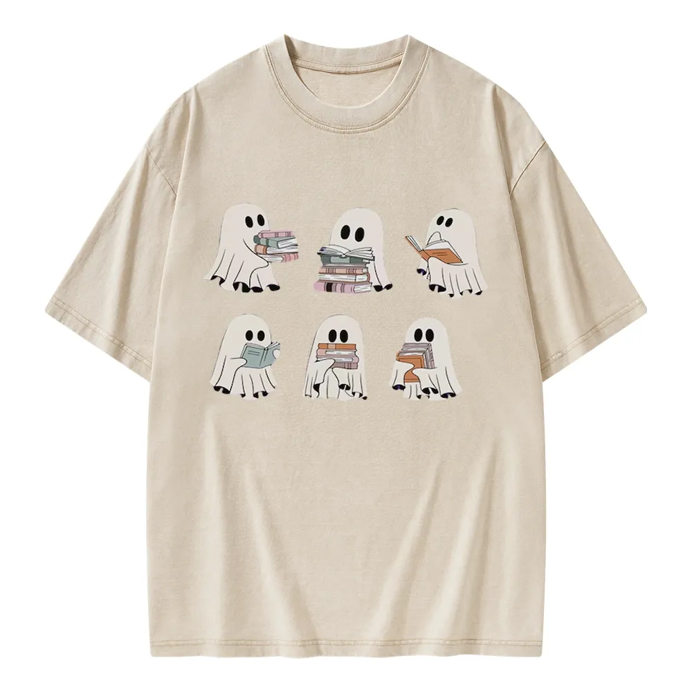 Pagewings Ghost Reading Halloween Unisex Washed T-shirt
