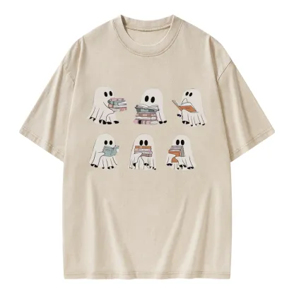 Pagewings Ghost Reading Halloween Unisex Washed T-shirt