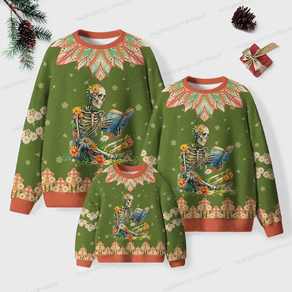 Pagewings Skeleton Reading Unisex Ugly Knit Sweatshirt