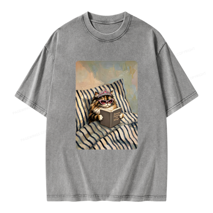 Pagewings Sci Fi Lover Reading Book in Bed Unisex Washed T-shirt