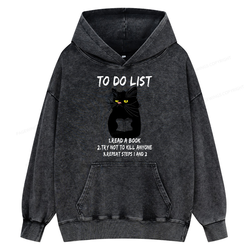 Pagewings Black Cat To Do List Unisex Washed Hoodie