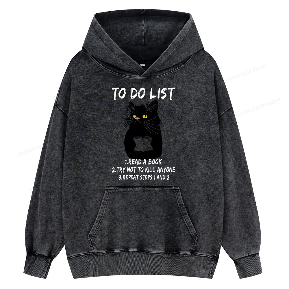 Pagewings Black Cat To Do List Unisex Washed Hoodie