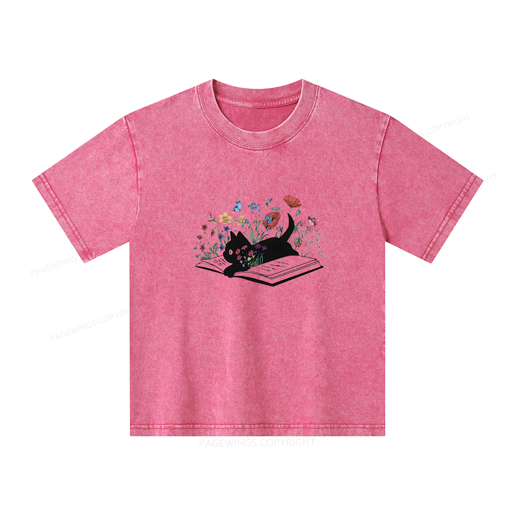 Pagewings Cute Book Cat Unisex Kids Washed T-shirt