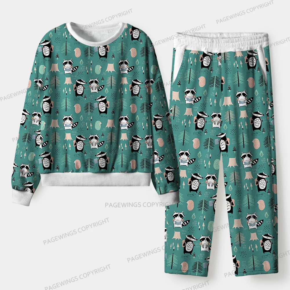 Pagewings Raccoon Loves Reading Unisex Flannel Pajama Set