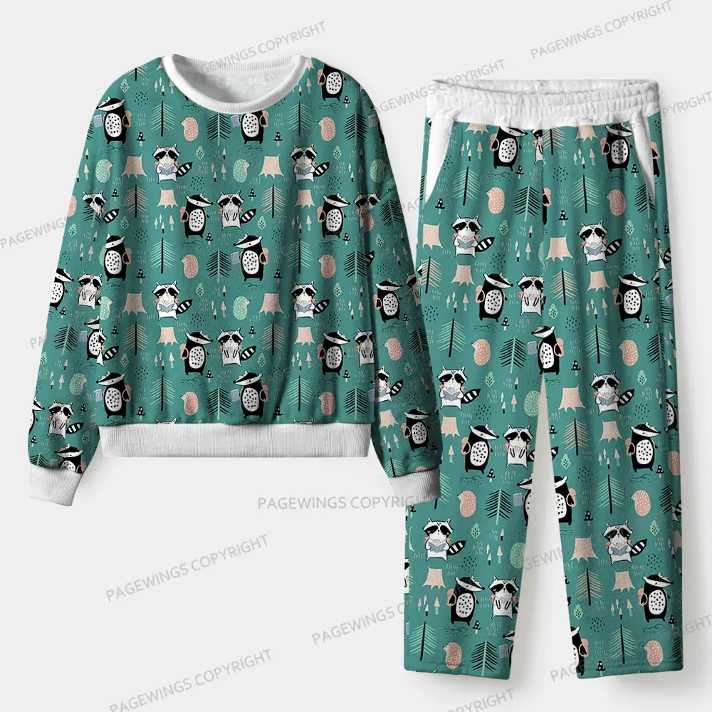 Pagewings Raccoon Loves Reading Unisex Flannel Pajama Set