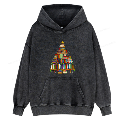 Pagewings Christmas Books Tree Unisex Washed Hoodie