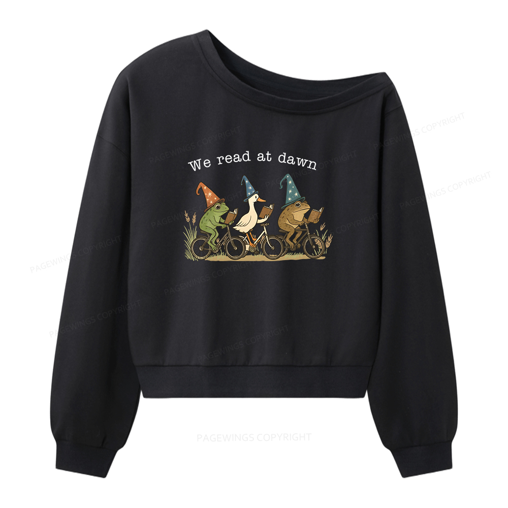 Pagewings Bookish Funny Frog Reading Women Off Shoulder Sweatshirt