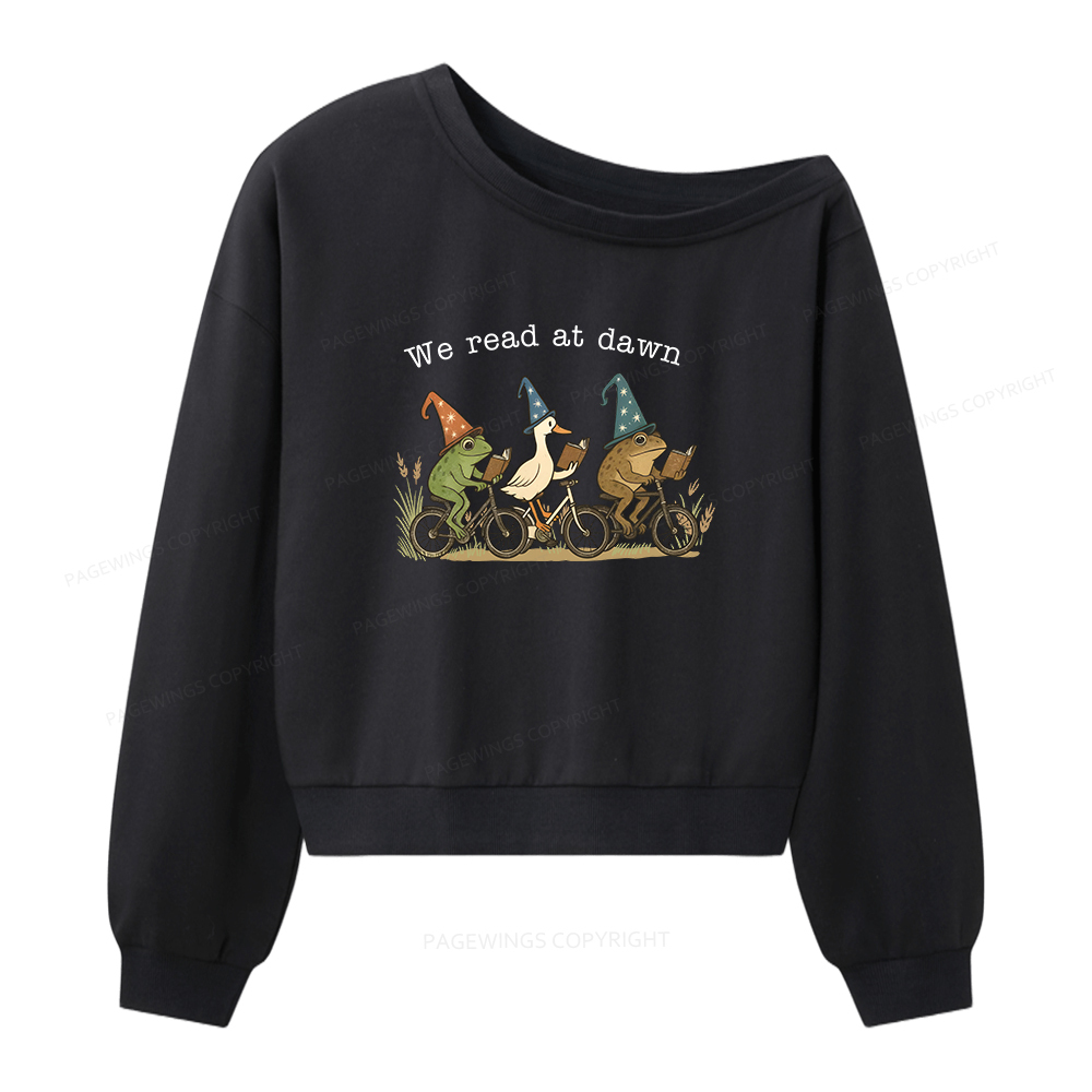 Pagewings Bookish Funny Frog Reading Women Off Shoulder Sweatshirt