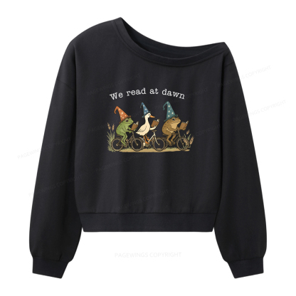 Pagewings Bookish Funny Frog Reading Women Off Shoulder Sweatshirt