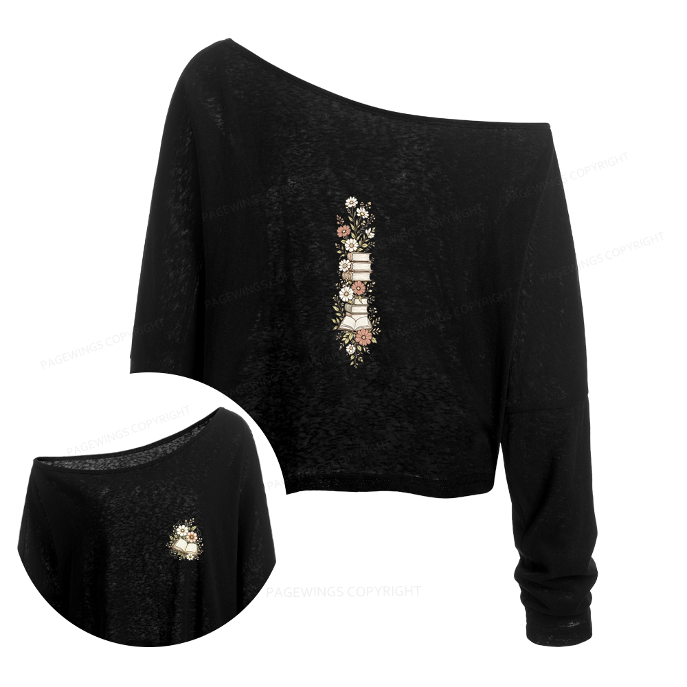 Pagewings Vintage Bookcore Slouchy Long Sleeve Off Shoulder T-shirt