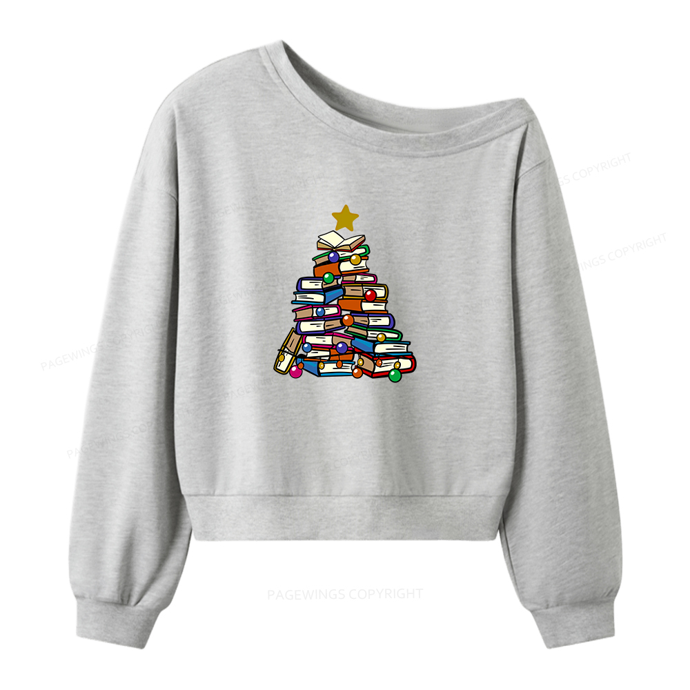 Pagewings Christmas Tree Bookworm Women Off  Shoulder Sweatshirt