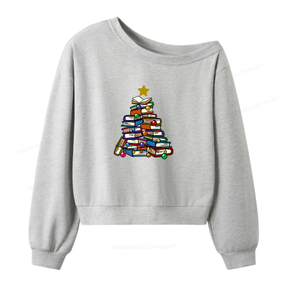 Pagewings Christmas Tree Bookworm Women Off  Shoulder Sweatshirt