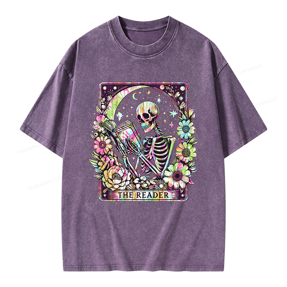 Pagewings The Reader Tarot Card Skeleton Reading Unisex Washed T-shirt